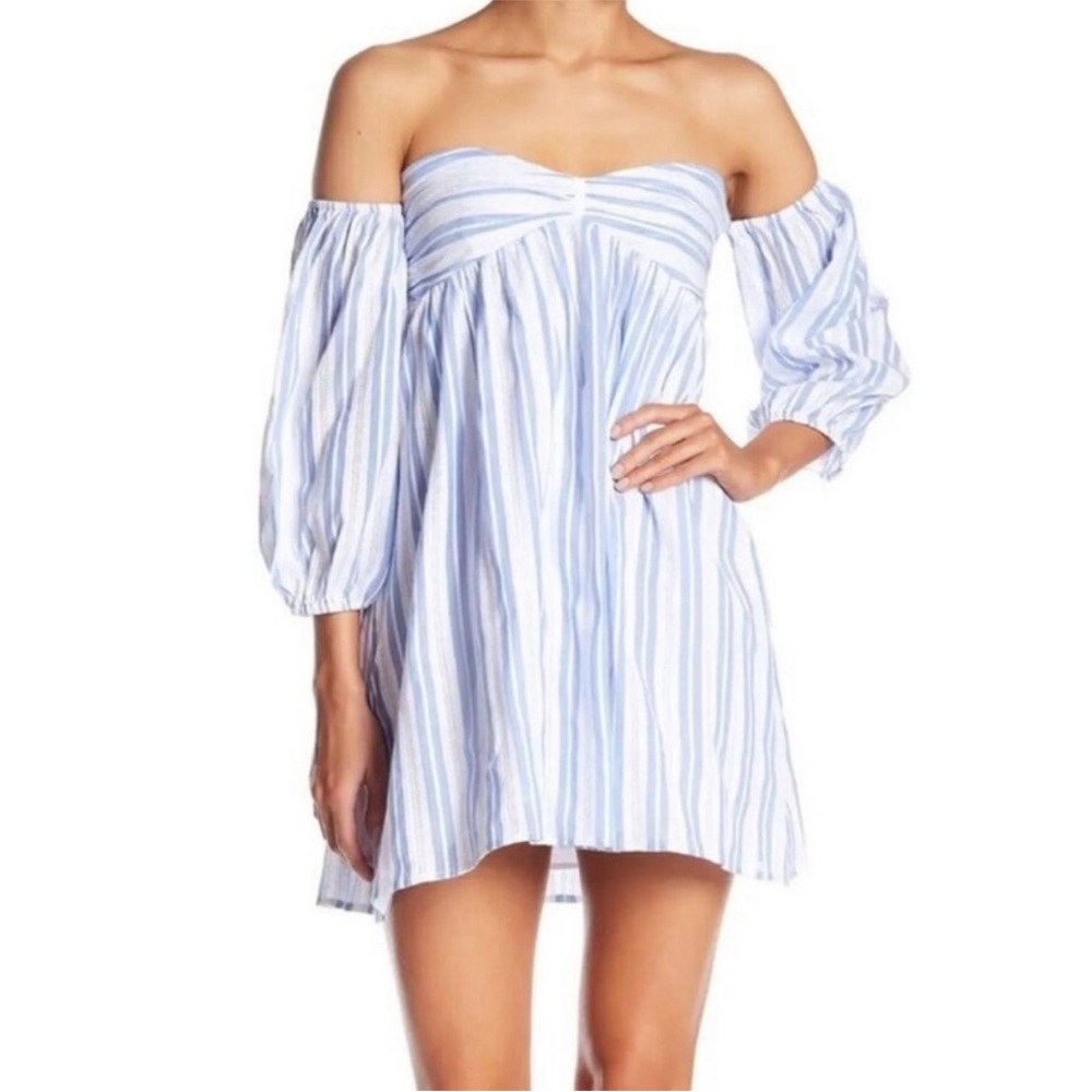 Romeo + Juliet Couture off the shoulder striped mini dress blue white medium